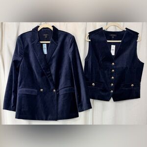 Ann Taylor Navy Velvet Blazer Vest 2-Piece Set 14P Blazer 14 Vest NWT Lined
